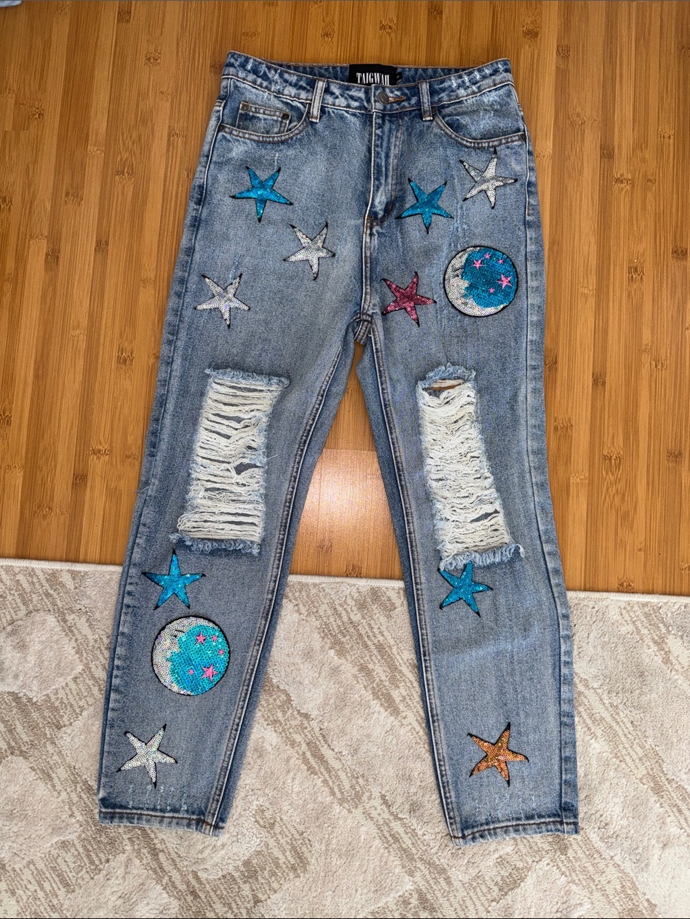 Coolest Jeans with Sequin Star & Moon Patches